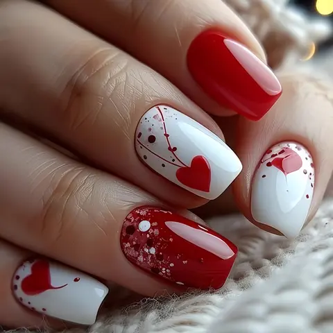24 Individual Press-On Nails Set - Valentine's Day Red Heart Smudge Design, Medium-Long Square Glossy Acrylic Nails, Easy-Apply DIY Home Manicure, Ideal for Holiday, Party Romance, Salon-Finish Fashion Accessory