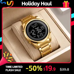 SKMEI Men's Fashion Digital Casual Watch - Gold Metal Case, Hardlex Glass Dial, Digital Display, 3ATM Water Resistant, Stainless Steel Strap, Hip Hop Style, with Calendar, Week, Stopwatch, Alarm | Men's Watches