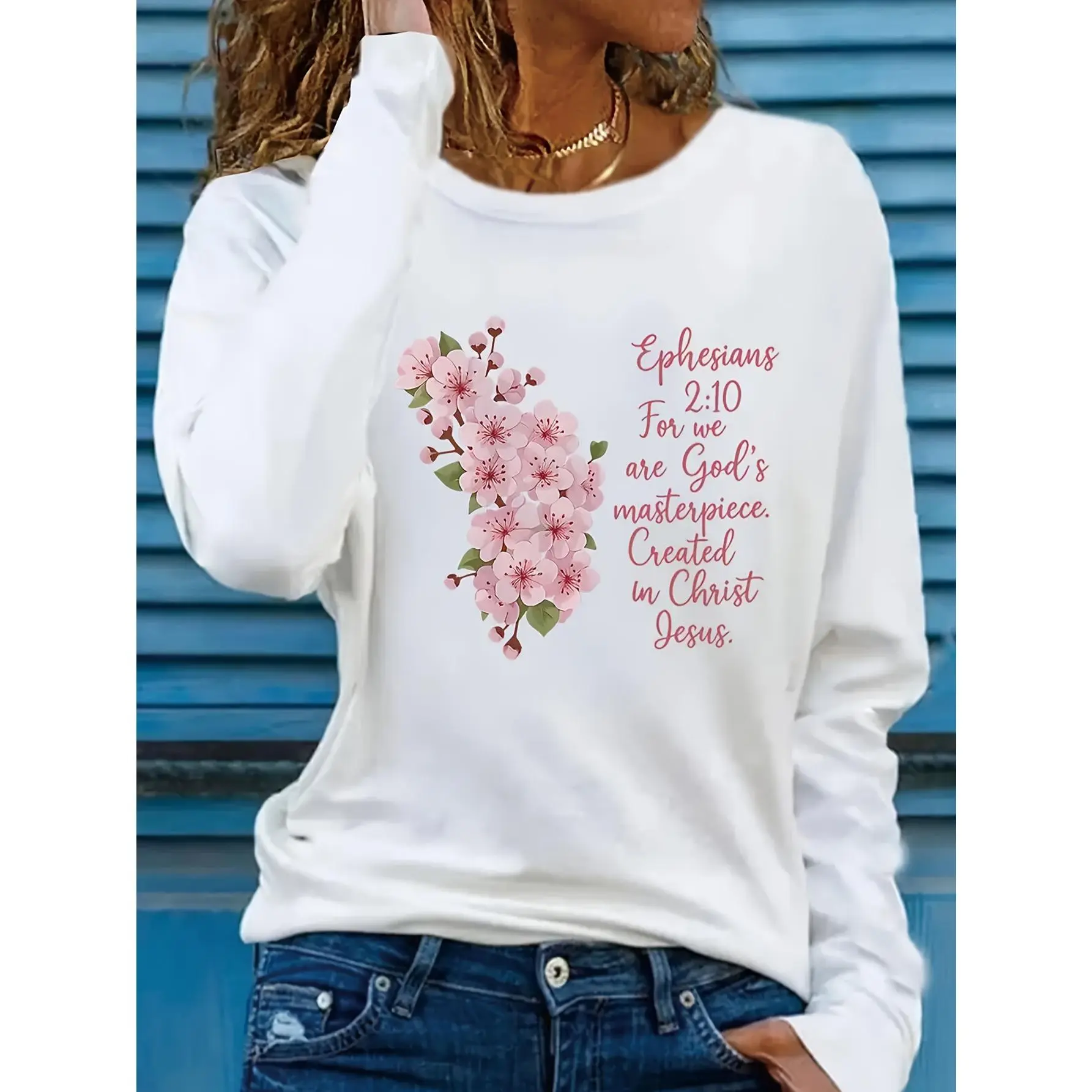 Women's Christian Long Sleeve T-Shirt with Ephesians 2:8-10 Bible Verse & Floral Magnolia Design - Soft Round Neck Loose Fit Casual Church Outfit, Inspirational Faith Apparel for Casual Attire, All-Season Comfortable Christian Top
