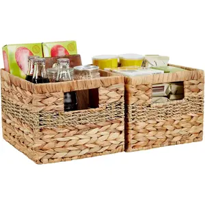Hand-woven Water Hyacinth Baskets, Pantry Organizers and Storage with Handles, Decorative Wicker Baskets for Organizing Shelves, Laundry (10 * 8.5 * 7in 2-Pack, Natural Hyacinth)