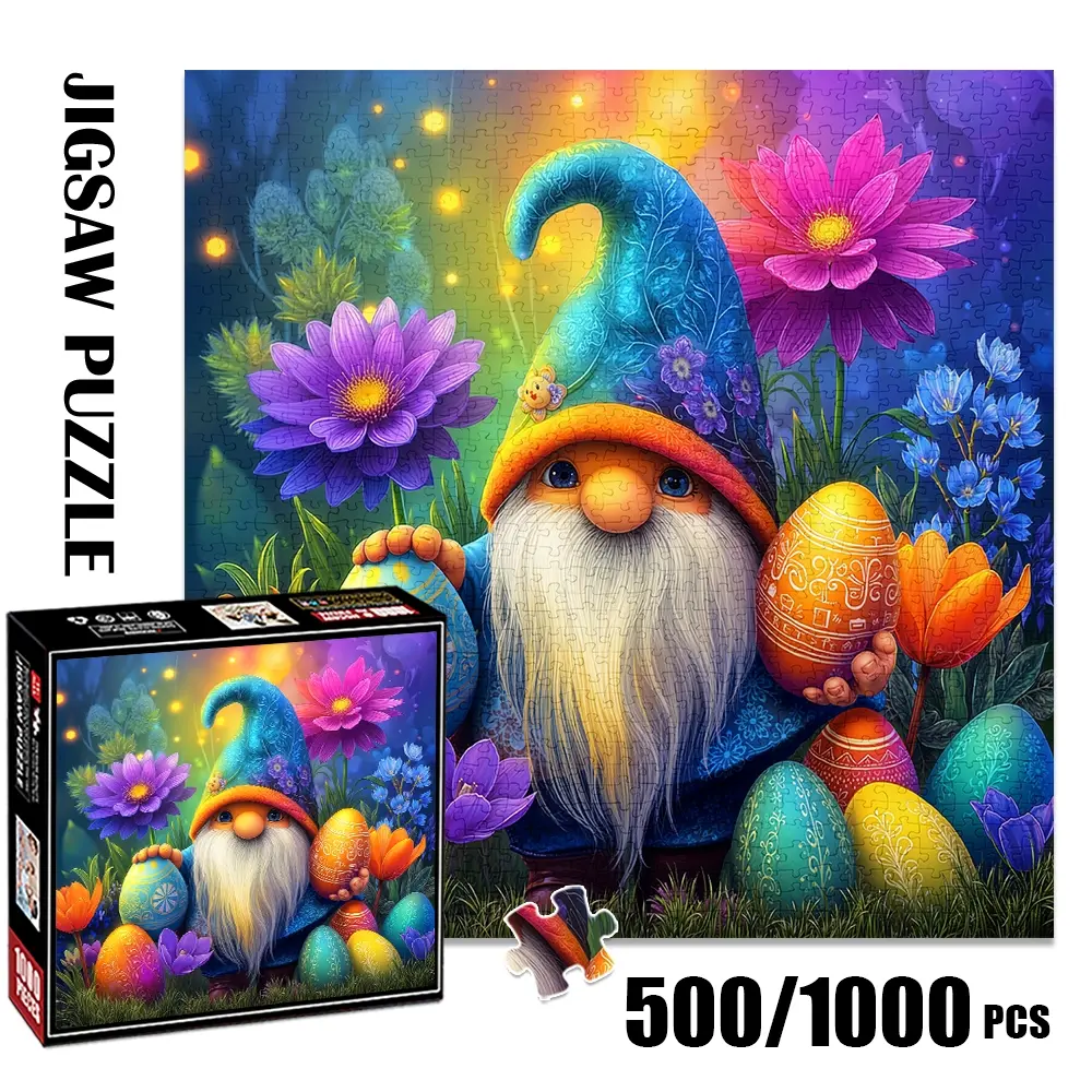 1pc 1000 piece adult puzzle 58x58cm Easter Gnome with Colorful Eggs and Flowers 500 pieces paper jigsaw puzzle suitable for DIY creative games for adults and families, birthday and holiday stress re