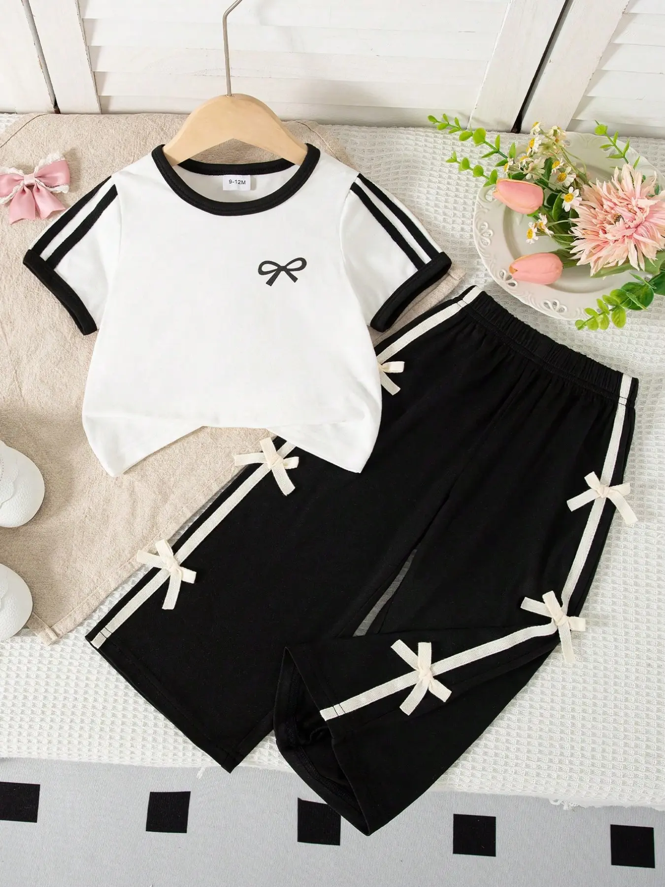 Summer Baby Girl Cute Casual Butterfly Knot Print Round Neck Short Sleeve Top & Long Pants Set, Baby Clothing, Adorable Kids, Toddler Outfit