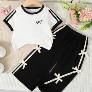 Summer Baby Girl Cute Casual Butterfly Knot Print Round Neck Short Sleeve Top & Long Pants Set, Baby Clothing, Adorable Kids, Toddler Outfit