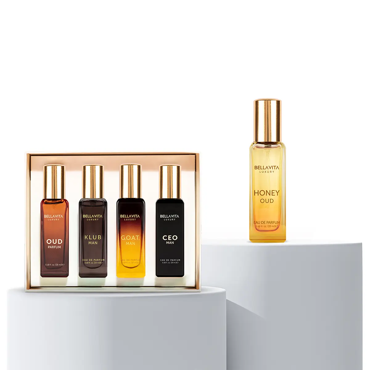 BellaVita Luxury's Booster Perfume Gift Set for Men | 5 Luxury Minis | Long Lasting | Oud, CEO Man, Klub Man, G.O.A.T., Honey Oud | EDP
