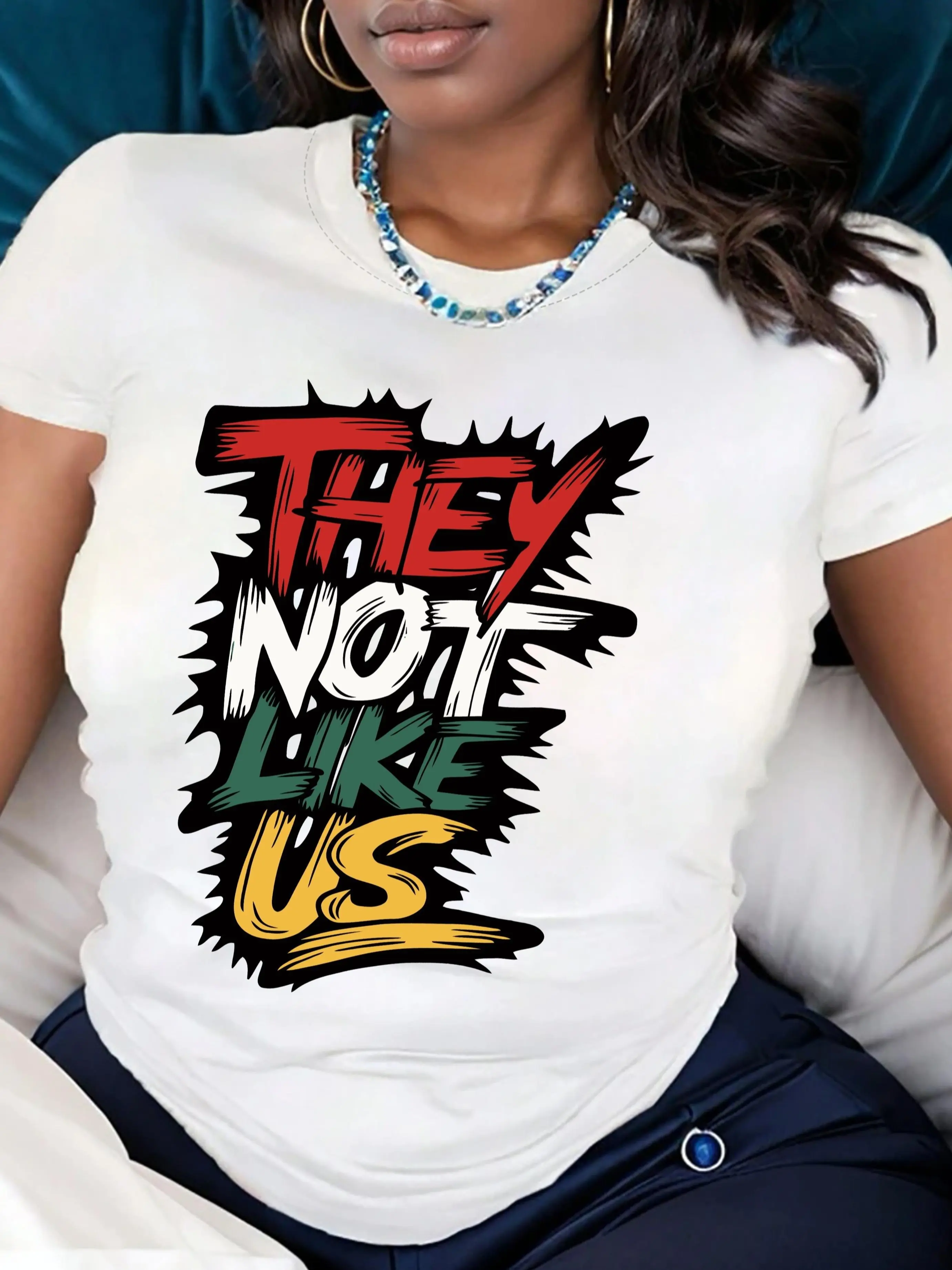 Women's Spike Edge Multicolor Graffiti Slogan Crew Neck T-Shirt, White Pure Cotton Slim Short Sleeve Tee, Hip Hop Urban Street Summer Top