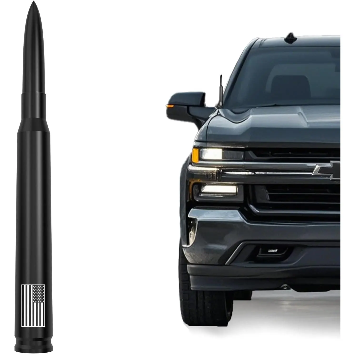 Matte Black Metal American Flag Bullet Antenna Topper, Truck Antenna Replacement for GM Chevy Silverado GMC Sierra 1500 2500 3500 HD Avalanche Denali Canyon, Anti-Theft, Carwash-Safe, Easy Installation, Corrosion-Resistant Pickup Exterior Accessory