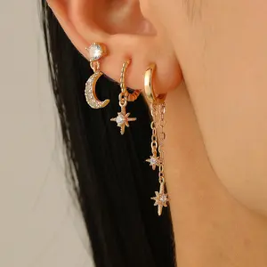 3Pcs Gold Stacks Hoop  Set for Women,Moon Star Crystal Cartilage  Pack,Silver Dainty Rhinestone Chain Tassel Huggie Dangle Jewelry earrings