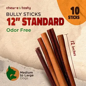 CHEW-E&TASTY 12 Inch Bully Sticks for Large Dogs (Pack of 10). Natural, USDA Certified & Odorless Bully Sticks for Dogs-Fully Digestible High Protein