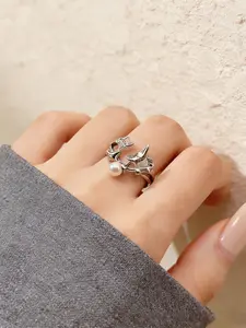 Silver Color Star Moon Design Rhinestone Pearl Open Ring, Luxury Fashion Jewelry, Versatile Accessory for Office and Dates