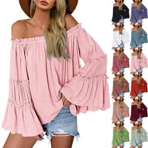 Imily Bela Womens Off The Shoulder Long Bell Sleeve Tops Flared Casual Loose Blouse Dress Black