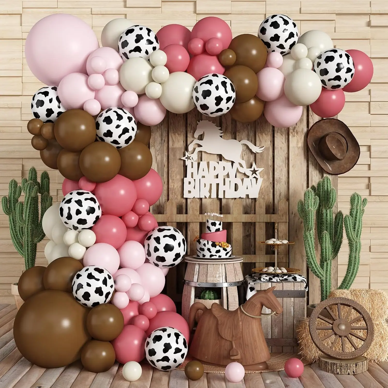 139pcs Western Cowgirl Balloon Arch Kit Dusty Pink Brown Ivory Cow Print for Farm Party Decor