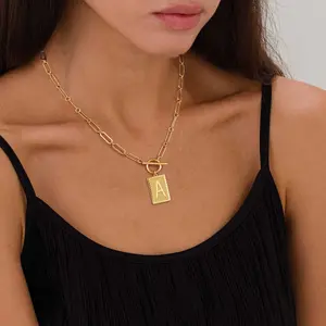 Gold Initial Necklaces for Women, Toggle Clasp Square Letter Pendant Necklace Trendy Gold Dainty Paperclip Chain Necklaces for Women TikTokShopBlackFriday Jewelry Gifts