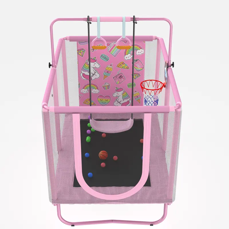 Skybound Mini Round Trampoline for Kids with Basketball Hoop, 36*55'' Indoor Outdoor Toddler Trampoline with Enclosure Net, Swing,  Ring, Ocean Balls, Small Trampoline Gift for Boys Girls, Best Christmas Gift for Kids, Black Friday