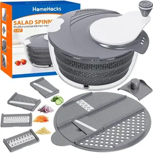 Salad Spinner Large Lettuce Spinner, Large Fruit Cleaner with Double Drainage Holes, 5 Chopping Blades, High Efficiency for Kitchen Washing & Drying Leafy Vegetables, Easy Press (Grey)