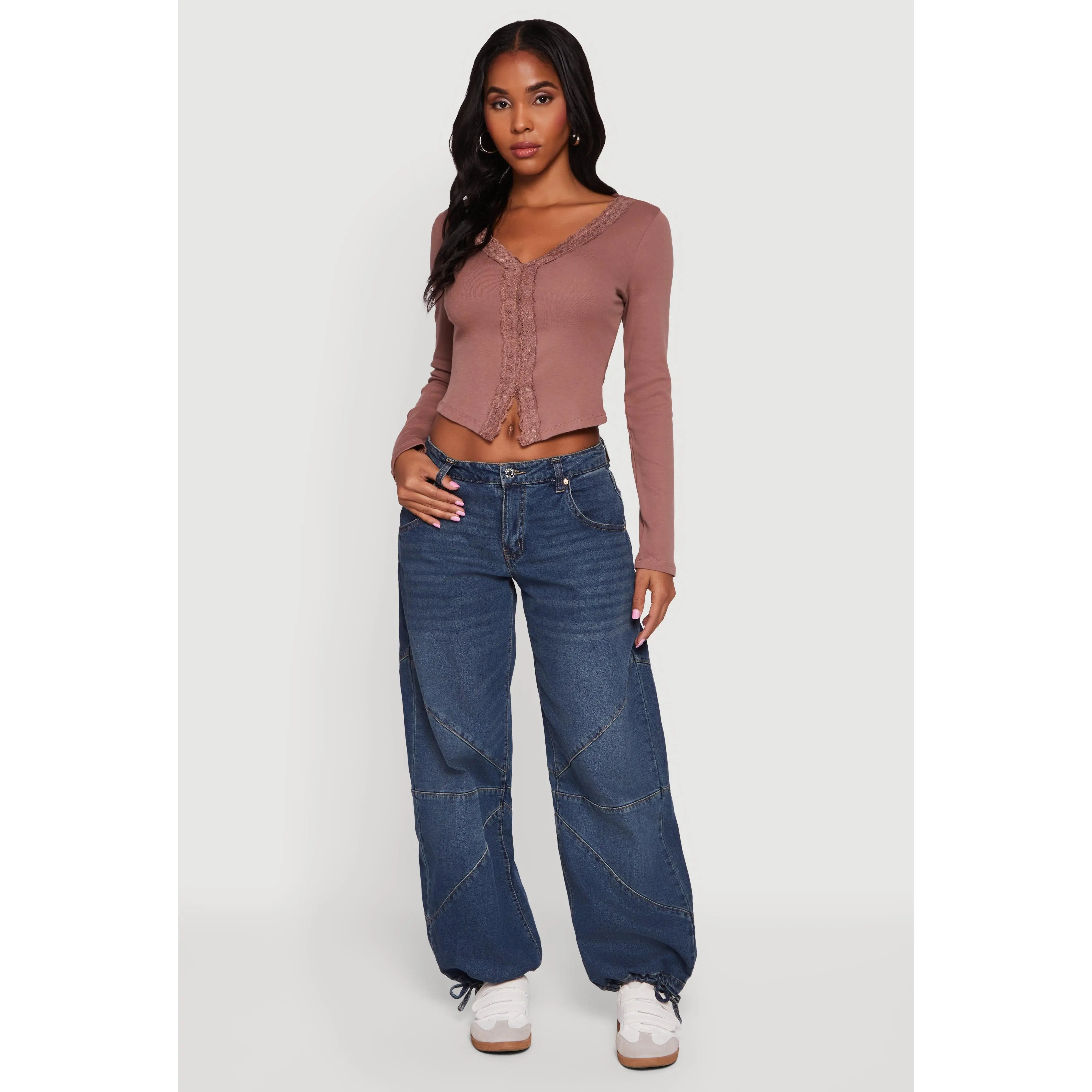 Long Sleeve Lace Trim Crop Top