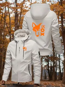 Men's Sporty Fox Head Ox Pattern Letter Print Jacket, Casual Slim-Fitting Outdoor Coat, Spring & Fall Fashion Outerwear