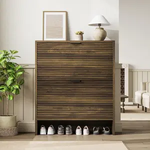 Shoe Storage Cabinet for Entryway, Fluted Shoe Cabinet with 2 Flip Drawers Doors, 31.5" Wide Hidden Shoe Rack Tall Freestanding Shoe Organizer for Entrance, Hallway, Living Room, Walnut