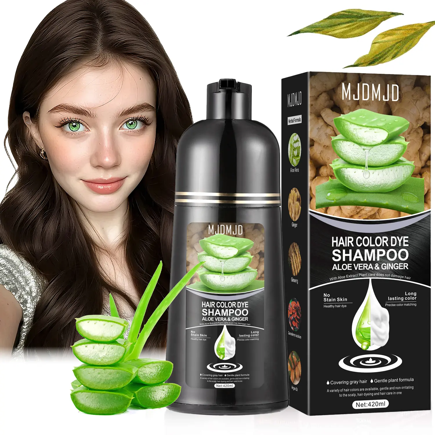 Dark Brown Hair Dye - 3-in-1 Root to Tip Coloring & Care With Aloe Vera & Ginger Nourishing Formula, Natural Shampoo Dye Hair Color for Women & Men, Gentle Covers Gray Hair in Minutes, Champu Para Canas, 420ML