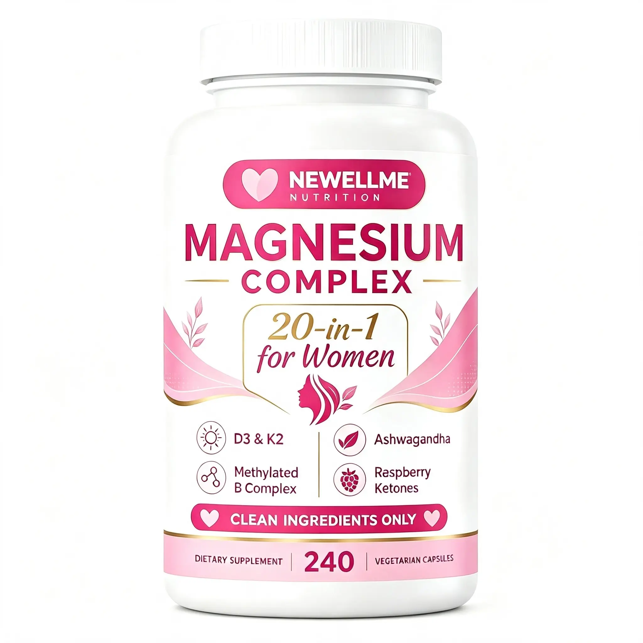 Newellme Magnesium Complex for Women, 240 Vegetarian Capsules | 20-in-1 Formula - Magnesium Blend with Vitamin D3, K2, Ashwagandha & More | Filler Free, Non-GMO / Healthcare,Dietary,Supplement,Edible,Bathroom,Optimum,Fitness