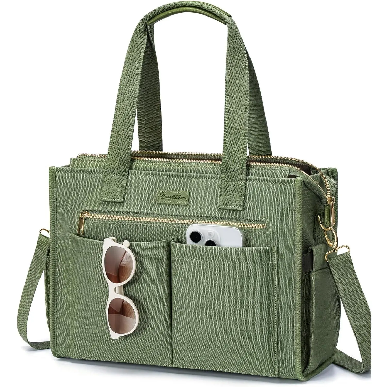 Canvas Tote Bag for Women, 15-Pockets Work Laptop Tote Purse Large Crossbody Nurse Teacher  Bag for School Travel Daily | with Strap & Zipper, Multi Compartment, Stand Upright Stably, College  Bag, Clinical  Bag, Ideal  for Women