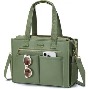 Canvas Tote Bag for Women, 15-Pockets Work Laptop Tote Purse Large Crossbody Nurse Teacher  Bag for School Travel Daily | with Strap & Zipper, Multi Compartment, Stand Upright Stably, College  Bag, Clinical  Bag, Ideal  for Women