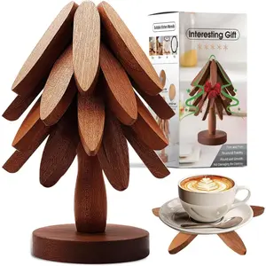 4Pcs Walnut Tree Shape Wooden Coaster Set Foldable Heat Resistant Placemat with Storage Stand