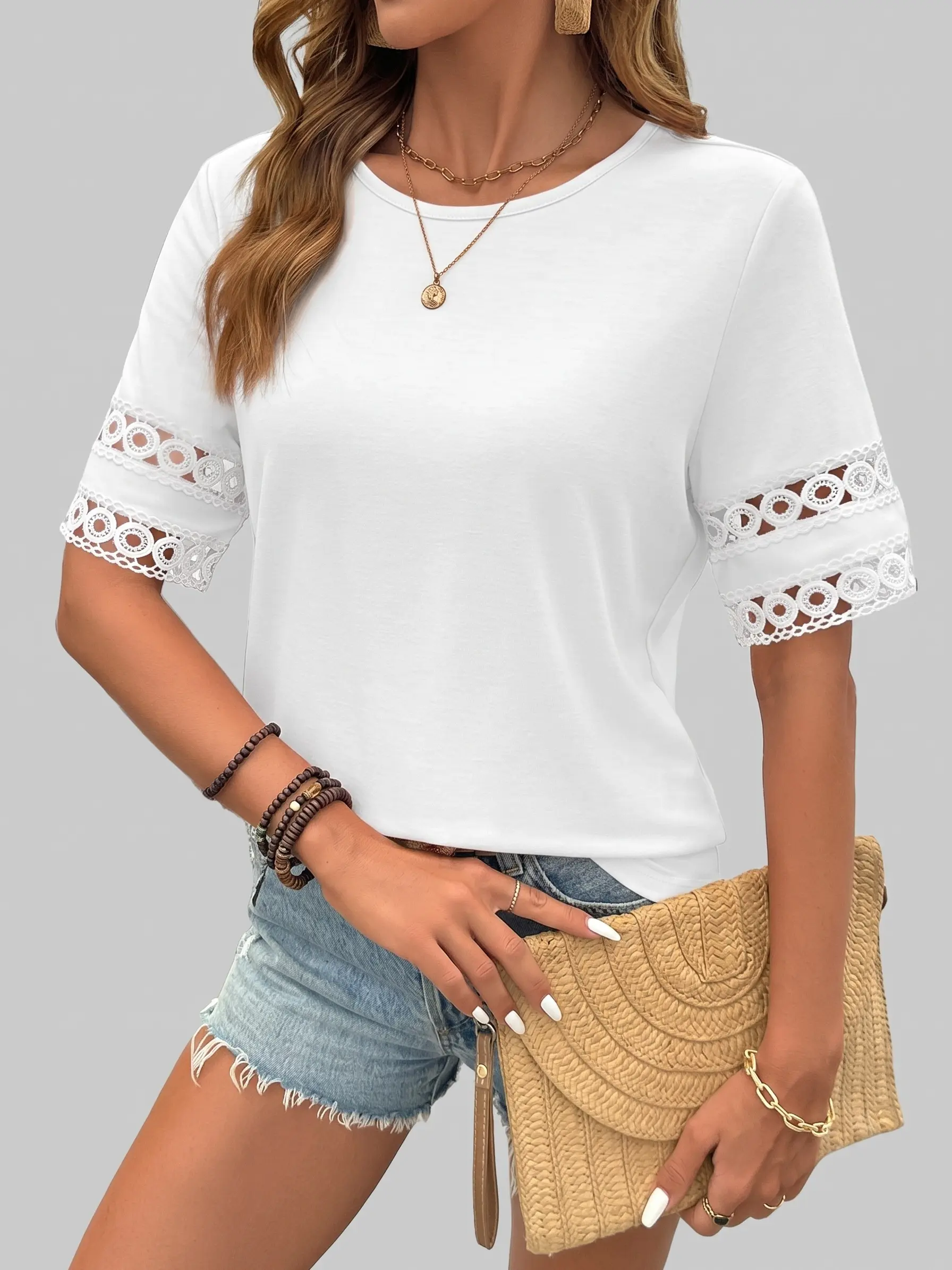 Shewin Summer Outfit Women's Short-Sleeve Casual Blouse - Women's Round Neck Fitted Solid Color Top, Women's Clothes, Shirts for Daily Wear DealsForYouDays summerwins Shortsleeve Crewneck