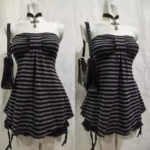 Y2k Aesthetic Punk American High Street Thicn Strapless Harajuku Constrast Color Striped A-line Tank Top Spice Girl Punk Tee