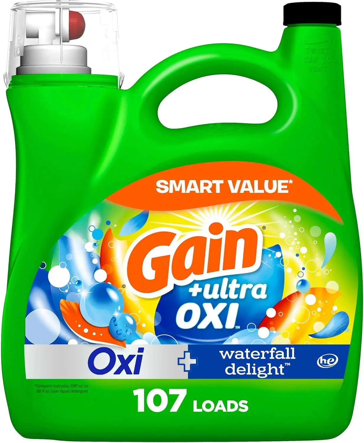 Gain Ultra Oxi Liquid Laundry Detergent, 107 loads, 154 fl oz, Waterfall Delight Scent, 2-in-1, HE Compatible