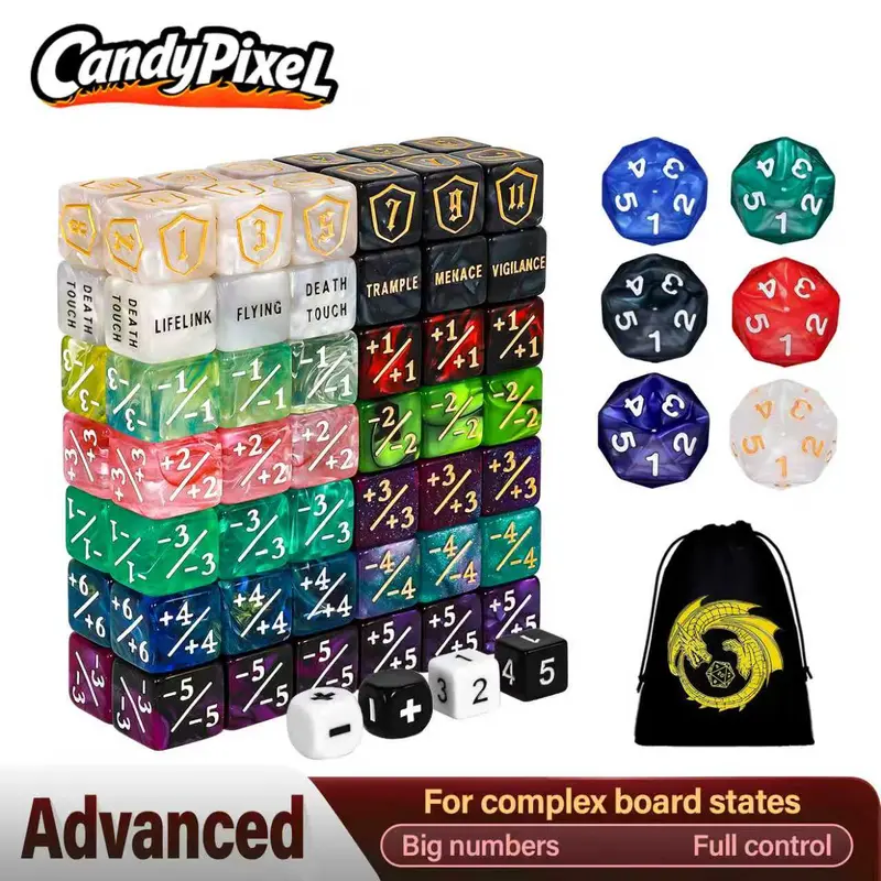 94PCS MTG Dice Set – Ability Keyword Counters, +1/-1 Life Counter Shield Shaped Dice, D20 Number Dice, Buff Tokens, with 2 Velvet Bags for Storage