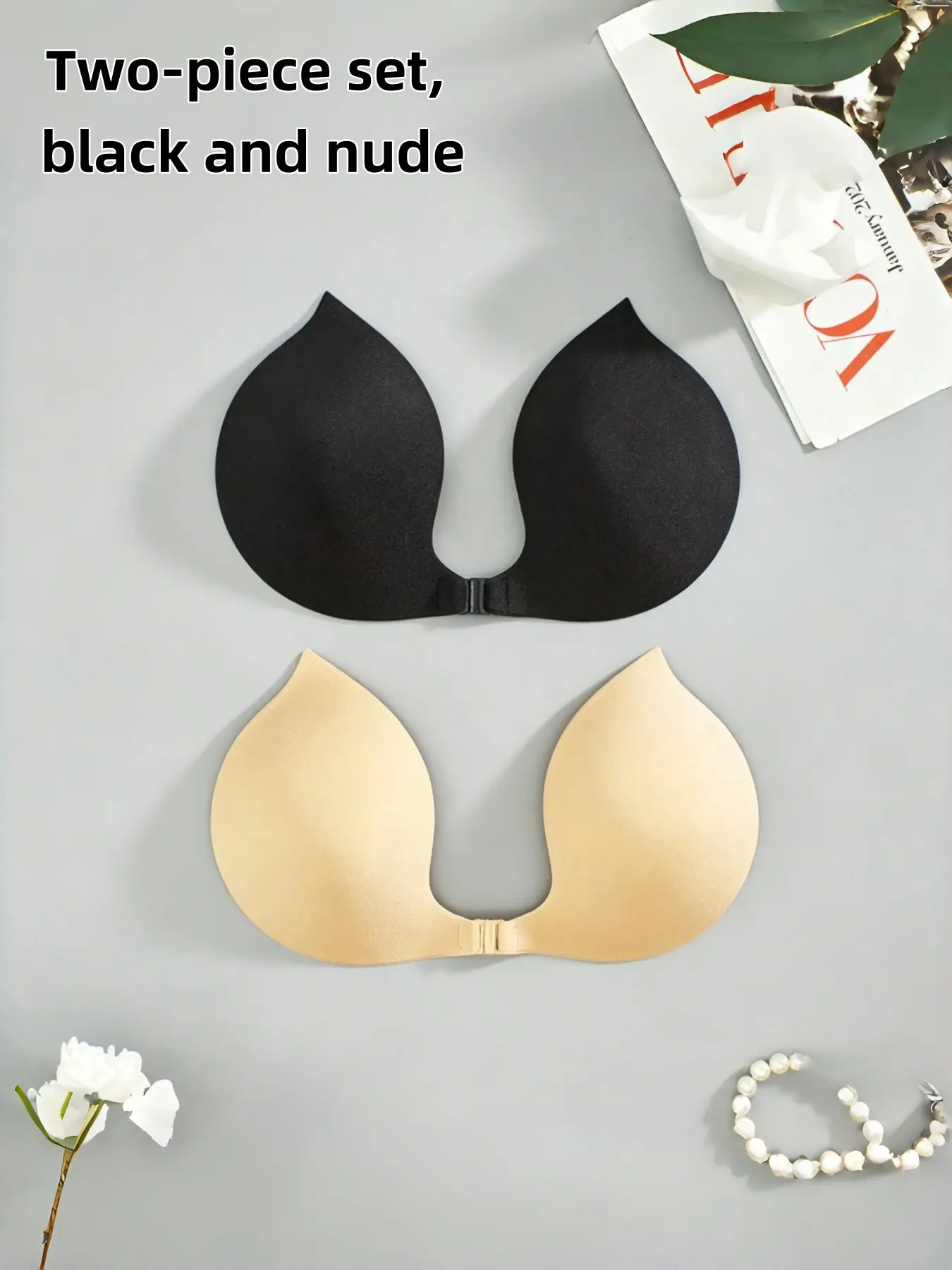 2 Pairs & Skin Tone Deep U-Shape Push-Up Bra, Non-Slip Invisible Bridal Bra, Strapless Full Coverage, All Seasons