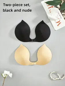 2 Pairs & Skin Tone Deep U-Shape Push-Up Bra, Non-Slip Invisible Bridal Bra, Strapless Full Coverage, All Seasons