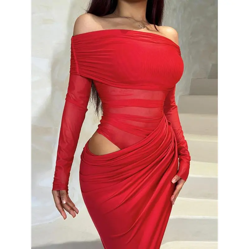 Women's Ruched Sheer Mesh Dress, Dresses for Women, 2025 Elegant Long Sleeve Long Dress for Party Women's Ruched Sheer Mesh Dress, Dresses for Women, 2025 Elegant Long Sleeve Long Dress for Party