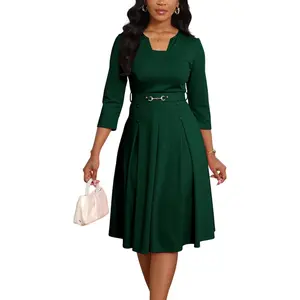 Womens 3/4 Sleeves Casual A Line Dress with Belt Church Work Wedding Guest Semi Formal Dresses