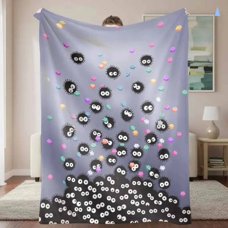 Cute Fluffy Cartoon Pattern Blanket with Little Black Dust Bunnies, Character Art & Colorful Cartoon Style, Fabric Soft & Fluffy Fabric, Ultra-Soft Lightweight Microfiber Fleece for Bed, Travel, Warm Gift, Cartoon Patter