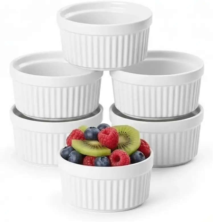 Ceramic Ramekins 8 Oz White Set of 6 | Oven, Microwave & Dishwasher Safe Porcelain Souffle and Creme Brulee Cups for Custard, Pudding, Dips & Individual Desserts, Thick Wall Heat Resistant Construction