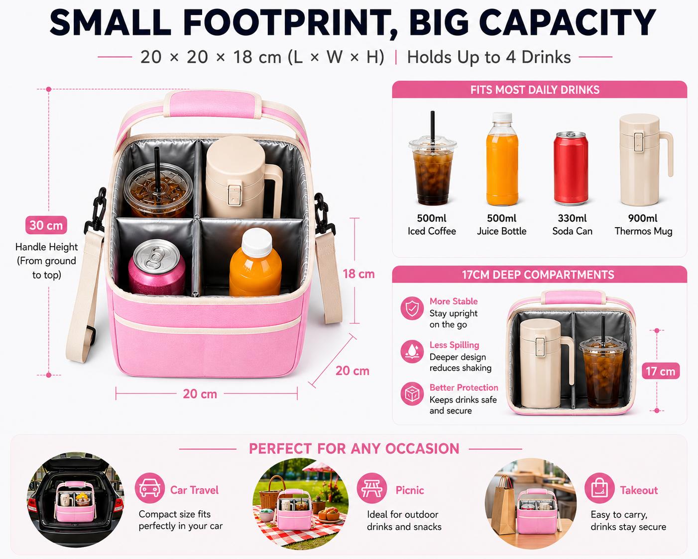 Adjustable Dividers Drink Tote - 4/6-Cup Beverage Carrier Bag with Adjustable Straps, Removable Dividers, Comfortable Handle, Stable on the Go, Outdoor Travel Organizers for Coffee, Tumbler, Office Lunch, Camping Picnic Takeout Adjustable Dividers Drink Tote - 4/6-Cup Beverage Carrier Bag with Adjustable Straps, Removable Dividers, Comfortable Handle, Stable on the Go, Outdoor Travel Organizers for Coffee, Tumbler, Office Lunch, Camping Picnic Takeout
