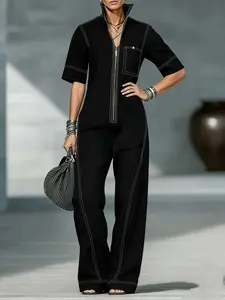 Women's One-Piece Overalls, Short Sleeve Shirt Collar, Denim-Like Cotton Feel, Stylish, Comfortable and Casual, Perfect for Daily Wear