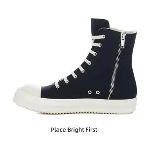Black High-Top Canvas Sneakers with Cream Rubber Sole and Lettered Toe Cap