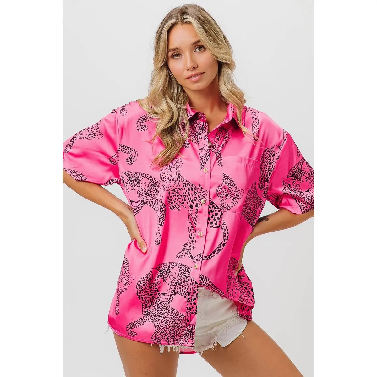 BiBi Leopard Print Short Sleeve Silky Satin Shirt Top