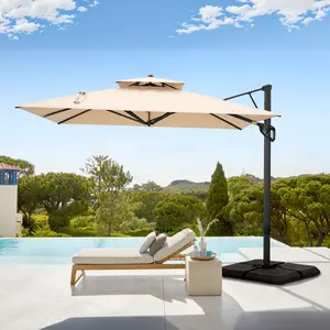 [Summer Vibes] [2-Box] PHIVILLA 9*12 FT Cantilever Patio Umbrella with Weighted Base, 360° Rotation, Heavy Duty Hydraulic Double Umbrella Windproof for Outdoor Use