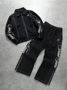Unisex streetwear style "Saint Tears" letter patchwork shirt jacket and trendy zip-up trousers set, Fitted, Graphic. Suitable for streetwear, Y2K style, men's gifts, individualistic outfits, and punk style.