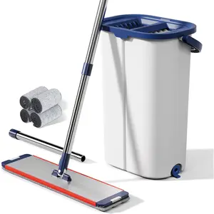 Large Mop and Bucket Hands Free Flat Floor Mop System with 4 Washable Microfiber Pads for Easy Cleaning Two Bucket Mop Set