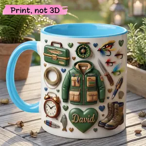 Custom Fishing Mug 2D Printed 3D Effect Fisherman Accent Coffee Cup, Personalized Name Gift for Husband Fly Fishing Lover, Durable Ceramic Mug for Outdoor Camper Angler, Father’s Day Birthday Appreciation Gift Idea for Him