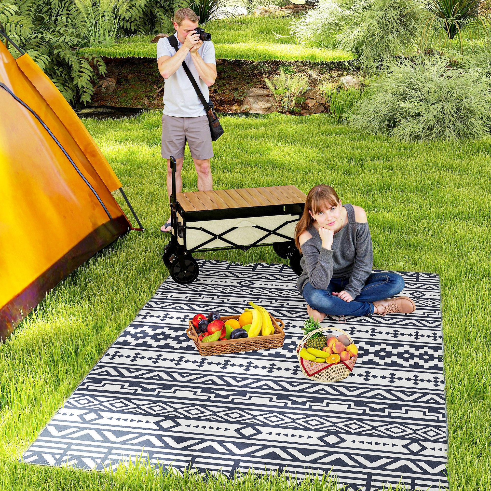 Flip It for a Fresh Look! Reversible Waterproof Outdoor Rug – Blue & White Geometric, 6'x9' with Carry Bag – Perfect for Patio, Camping & Beach