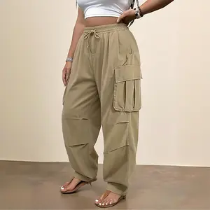 Women’s solid-color casual athletic pants, 1-pack, loose plus-size fit, drawstring waistband and multiple pockets, 100% polyester, outdoor fitness street dance hip-hop long pants, women’s sportswear, SpringStatements