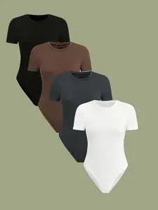 Women's Solid Round Neck Bodysuit, Casual Short Sleeve Bodysuit for Daily Wear, Ladies Clothes for All Seasons