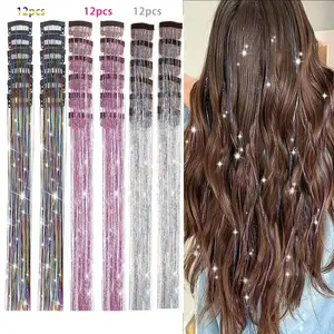 Beautiful Wig Clips Set, Laser Tinsel Hair, 7 Color Shiny Silver & Gold Strands, Gift Box Bb Clip False Hair Extensions