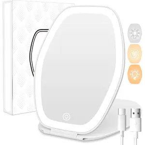 Travel Makeup Mirror with Light: 3 Color Lighting Portable Mirror with  Screen Rechargeable Adjustable LED Lights Hexagon  Mirror for Travel, Desk,  (White)