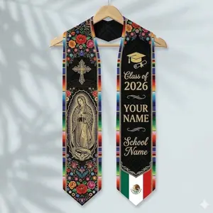 Personalized Mexican Graduation Stole 2026, Virgen de Guadalupe Floral Sash, Custom Name School Stole, Mexican Grad Gift